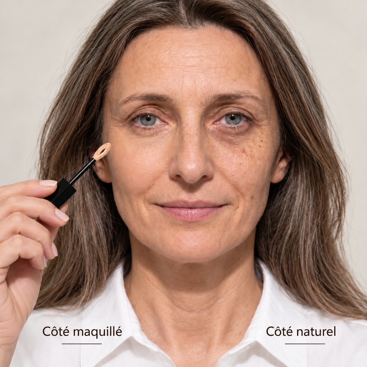 Portrait avec applicateur flèche en main, un côté maquillé et un côté naturel