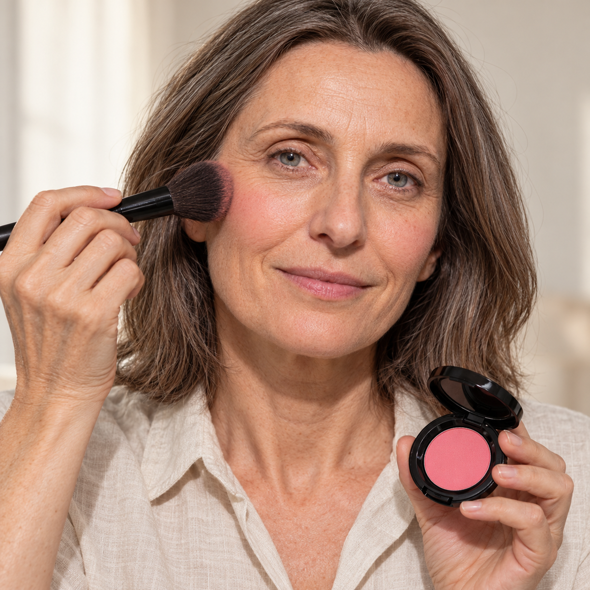 Application du blush rose sur le bombé de la joue